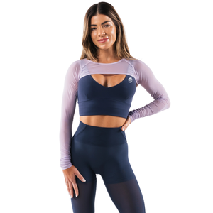 Top Corto de Manga Larga de Malla para Mujer, Color Azul Acuario, Transpirable, Elástico, para Gimnasio, Yoga, Entrenamiento - Product Image 1
