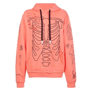 Sudadera con Capucha 100% Personalizada para Hombre, Estampado de Esqueleto Rosa Coral, Sudadera Gráfica de Algodón Pesado con Estampado de Esqueleto, Estilo Urbano - Product Image 1