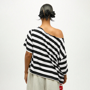 Nouveau T-shirt femme 2026 à épaules dénudées, couleur unie, respirant, 100 % coton, broderie jersey, décontracté, manches courtes, à rayures - Product Image 2