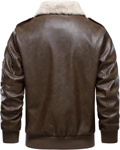 Chaqueta Bomber de Cuero PU Marrón para Hombre, con Cuello de Piel Sintética, Cierre de Cremallera Frontal, Estilo Motero, Gruesa para Invierno, Color Sólido, Manga Regular - Product Image 4
