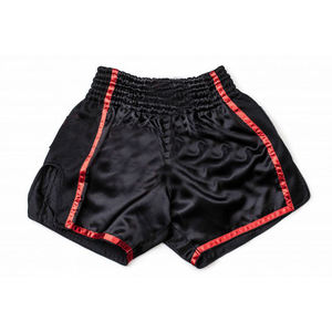 กางเกงชกมวย MMA สำหรับผู้ชาย แบบสั่งทำ สีดำล้วน แถบแดง ผ้าซาติน เอวยางยืด ระบายอากาศได้ดี สวมใส่สบาย ผลิตจากโพลีเอสเตอร์ 100% น้ำหนัก 220 กรัม สำหรับผู้ใหญ่ - Product Image 1