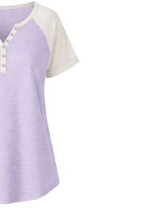 T-shirt personnalisé en coton doux pour femme, col Henley, manches courtes raglan, coupe décontractée et ample, respirant, idéal pour l'été - Product Image 4