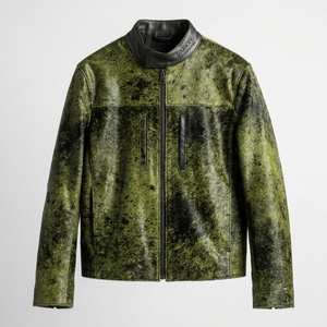 Wholesale <b>Men</b> Cowhide Hair on <b>Leather</b> <b>Jacket</b> Moss Green Cow Fur Biker Coats Custom Streetwear Outerwear Fashion Apparel - Product Image 1
