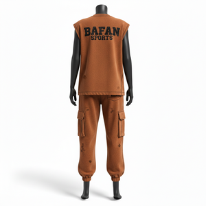 ชุดเซ็ตผู้หญิง กางเกงจ็อกเกอร์ผ้าฟลีซคอตตอนพรีเมียม 300 GSM สีน้ำตาลเฮเธอร์ แบบไม่มีแขนเสื้อ พร้อมกางเกงคาร์โก้พิมพ์ลายโลโก้ตามสั่ง - Product Image 2