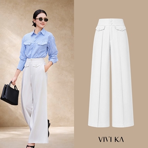 กางเกงขายาวทรงหลวมเอวสูงสีขาวสำหรับผู้หญิง สไตล์ลำลองสำหรับใส่ทำงาน ผลิตจากโพลีเอสเตอร์ผสมสแปนเด็กซ์ ทรงสวยเข้ารูป รุ่น OWEN - Product Image 1