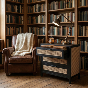 Global Wholesale Solid Teak Wood Modern Minimalist Lars Woven <b>Sideboard</b> Cabinet Black Finish Rattan Drawer Living Room <b>Storage</b> - Product Image 5