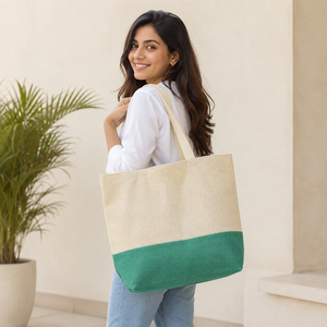 Sac fourre-tout de plage en jute laminé, bicolore, avec poignées en coton, réutilisable, pour le shopping, logo personnalisé, vente en gros, OEM, marque privée - Product Image 4