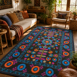Premium Handmade Suzani Cotton <b>Bedsheet</b> <b>Black</b> Blue Orange Pink Floral Embroidery Boho Indian Ethnic Home Decor - Product Image 1