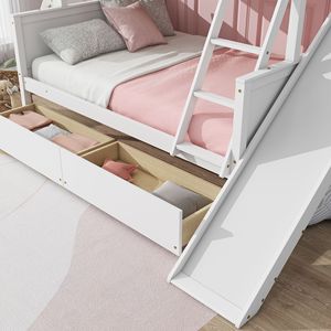 Cama litera doble sobre matrimonial gris con cajones deslizantes, camas infantiles de madera de caucho con tobogán, estantes y escalera - Product Image 4