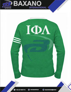 Suéter Cárdigan de la Hermandad Iota Phi Lambda, Verde Tejido con Rayas Blancas y Logotipo Bordado, Ropa de la Hermandad IPL Griega - Product Image 6