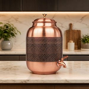 Distributeur d'eau en cuivre pur avec robinet, Matka artisanal martelé et gravé, Récipient de stockage d'eau ayurvédique pour la maison et le bureau - Product Image 3