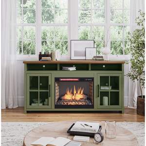 Bridgevine Home 74-<b>Inch</b> Fireplace <b>TV</b> <b>Stand</b> Console Minimal Assembly Required for <b>TVs</b> <b>85</b>-<b>Inches</b> Sage Green Fruitwood Finish - Product Image 1