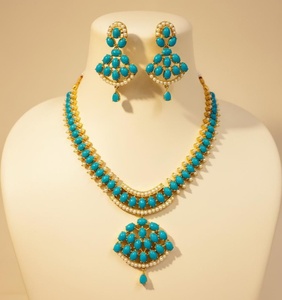 RAY FINE ORNATES Sky Blue Vintage Hinduism <b>Ruby</b> Pink Pearl <b>Necklace</b> Set Gold Plated Bridal Wedding Jewelry Party Wear - Product Image 1