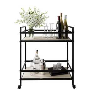 Contemporary Black Metal 2 Tier Bar Cart with Handle and Glass Shelves Rolling <b>Serving</b> <b>Trolley</b> Luxury Home Liquor Beverage Cart - Product Image 2
