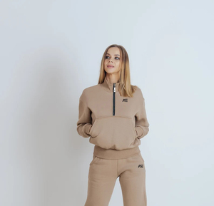 Wholesale Women Beige Half Zip Sweatsuit Set Custom Logo Fleece Jogger Outfit Women's Hoodies & Sweatshirts Manufacturer - Product Image 1