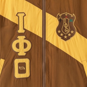 Iota Phi Theta Brown & Gold Zip Up Windbreaker <b>Jacket</b> <b>Men</b> Greek <b>Letter</b> Crest Stripe Ribbed Trim Casual Fraternity Collegiate - Product Image 5