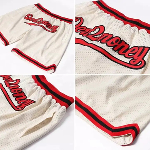 Shorts de basketball pour hommes, couleur crème, avec rayures rouges et jaunes, respirants, coupe sportive, taille élastique, impression de nom personnalisée - Product Image 6