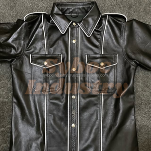 Men Leather Uniform Shirt Stylish Blue Tie Genuine Brown Sheep Leather Pant Custom Plus Size Shirt for Adult - Product Image 2