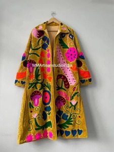 Bata de mujer con cuello en V, 100% algodón, 480g, reversible, bordada con motivos florales azules, hecha a mano, tipo kimono largo, con cinturón, para estar en casa o descansar. - Product Image 4