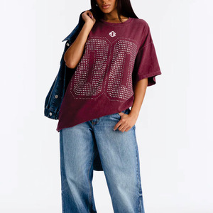 T-shirt tendance oversize en jersey de coton pour femme avec motif numérique en strass, streetwear à manches courtes, marque privée OEM, t-shirts pour homme - Product Image 5