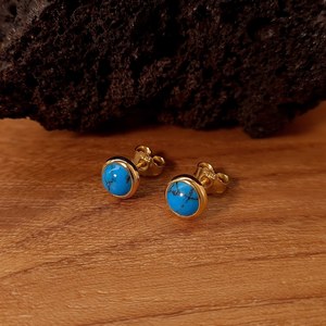 Boucles d'oreilles clous en turquoise naturelle, argent sterling 925 plaqué or 14 carats, cabochon bleu, bijoux sans nickel pour femme - Product Image 3