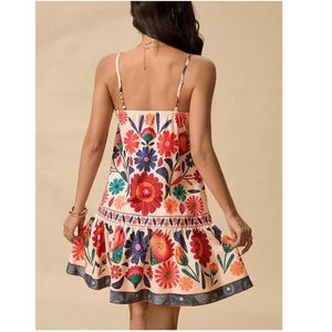 Vestido de Verano para Mujer, Estampado Floral Tropical, Mini, Cintura Alta, Forro de Seda Tejida, Tirantes Finos, Corte en A, Estilo Camisola, Fluido - Product Image 3