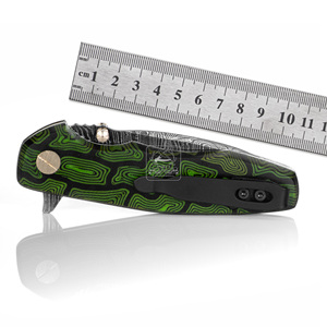Couteau pliant en acier Damas, pointe tombante, manche en Micarta vert-noir anti-traces, couteau de poche EDC, lame de 18,5 cm, bouton de pouce - Product Image 3