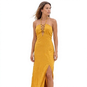 Robe longue jaune à bretelles croisées, coupe fourreau fendue, taille haute, sans manches, en rayonne tissée de couleur unie, style décontracté pour les vacances d'été - Product Image 5