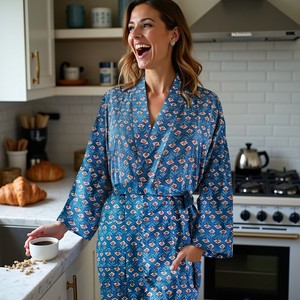 Teal Thì Thầm vượt thời gian hoa thanh thản Aura Womens trong thương mại công bằng cotton thoải mái Kimono áo Teal màu xanh buti in - Product Image 3