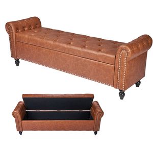 Panca contenitore moderna con bottoni trapuntati e braccioli arrotolati in pelle PU, gambe in legno massello, ideale per ingresso o come panca porta scarpe per la casa - Product Image 1
