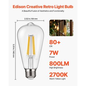 Confezione da 6 Lampadine LED a Filamento Edison Vintage Dimmerabili 7W 800 Lumen 2700K Bianco Caldo ST19 Attacco E26 - Product Image 2