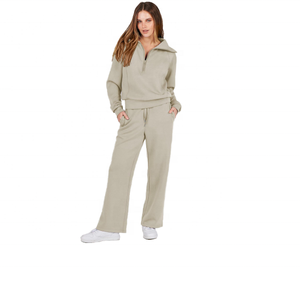 Women 2 Piece Knitted <b>Set</b> Solid Color Stand Collar Zipper Long Sleeve Loose Fit Casual Wear Full Length Pants and Top - Product Image 1