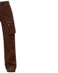Vaqueros cargo de mezclilla marrón personalizados de cintura alta y pierna ancha con bolsillos con cremallera, estilo urbano, pantalones casuales de ajuste holgado para mujer, OEM personalizado - Product Image 4