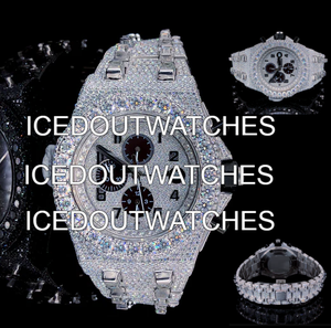 Montre en acier inoxydable avec diamants Moissanite pour homme, finition entièrement sertie, mouvement à quartz, cadran résistant à l'eau 10 bars, fermoir de bracelet - Product Image 3