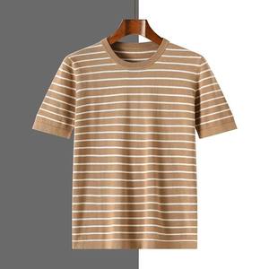 T-shirt en tricot rayé à col rond à manches courtes pour homme Coupe classique Style décontracté Motif noir et blanc 100% coton Respirant 320g - Product Image 3