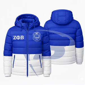 Chaqueta Acolchada de Invierno con Capucha Azul y Blanca de la Hermandad Zeta Phi Beta ZPB, con Logotipo Frontal Personalizado de la Hermandad Griega ZPB - Product Image 3