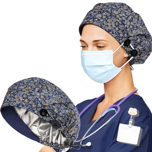 Floral Print Polyester/Cotton Surgical <b>Cap</b> with Buttons Tie Back Needle Detection for Hospital Uniforms Unisex <b>Scrub</b> Accessory - Product Image 4