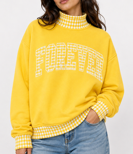 Sweat-shirt à col roulé pour femme, personnalisé OEM, en coton respirant, patchwork à pois et carreaux, grande taille, décontracté - Product Image 6