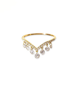 Bague en or pur 14 carats en forme de V avec franges pour femme, bague empilable avec diamant en goutte, diamant de laboratoire rond percé, bague superposée en chevron avec pendentif - Product Image 1