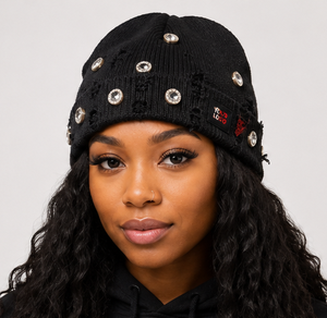Gorro de Punto Personalizado con Pedrería, Estilo Desgastado, con Puño, para Invierno, Diseño Jacquard, Estilo Urbano, Color Sólido, para Mujer - Product Image 2