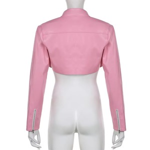 Pink PU <b>Leather</b> Breathable Cropped Motorcycle <b>Jacket</b> Zipper Women's Stand Collar <b>Long</b> Sleeve Biker Style for Autumn Winter - Product Image 4