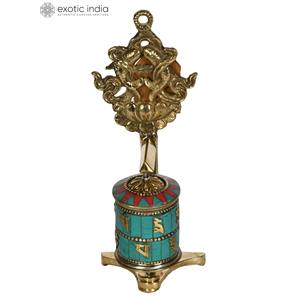 Moulin à prières bouddhiste tibétain de 7 pouces fabriqué à la main avec paire de poissons (Ashtamangala) Article de décoration d'intérieur - Product Image 2