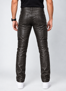Men's Brown Leather Pants High Waist Motorbike Biker Style Casual Outdoor Waterproof Windproof Lightweight <b>Side</b> <b>Zip</b> Pocket - Product Image 2