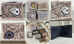 Vintage Men's Hand <b>Tooled</b> Genuine <b>Leather</b> Card Design Wallet Casual Fashion Style RFID Organizer Card Holder Open Short Wallets - Product Image 3