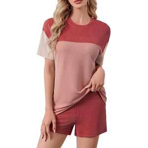 Ensemble 2 pièces tricoté pour femme, color block, col rond, manches courtes, coupe ample, tenue décontractée printemps-été - Product Image 3
