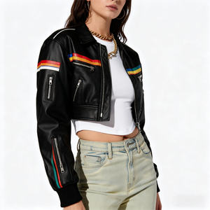 Women’s Cropped Varsity Motorcycle Jacket Custom Fashion Genuine Leather Sleeves, High-Quality Zippered Riding Jacket - Product Image 5