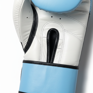 นวมชกมวยหนังแท้สีฟ้าอ่อนและสีขาว ขนาด 14 ออนซ์ แบบผูกเชือก ระบายอากาศได้ดี-อุปกรณ์สำหรับการฝึกซ้อมและการต่อสู้ระดับมืออาชีพ - Product Image 3