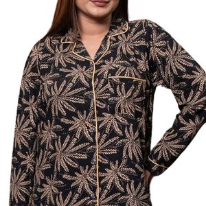 <b>Women</b> <b>Black</b> Brown Tropical Leaf Print Satin Pajama Set Long Sleeve Button Up Shirt Matching <b>Pants</b> Stylish Sleepwear Manufacturer - Product Image 6