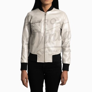 Chaqueta Bomber de Cuero Genuino Color Crema para Mujer, con Bolsillos Acolchados, Corte Ajustado, Piel de Oveja Premium, Abrigo Casual de Invierno - Product Image 1