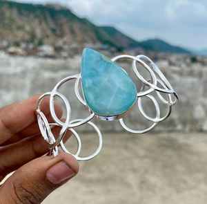 Natural Larimar <b>Bangle</b> 925 Sterling Silver Adjustable Cuff Bracelet Handmade Gemstone Jewelry Gift For Women - Product Image 6